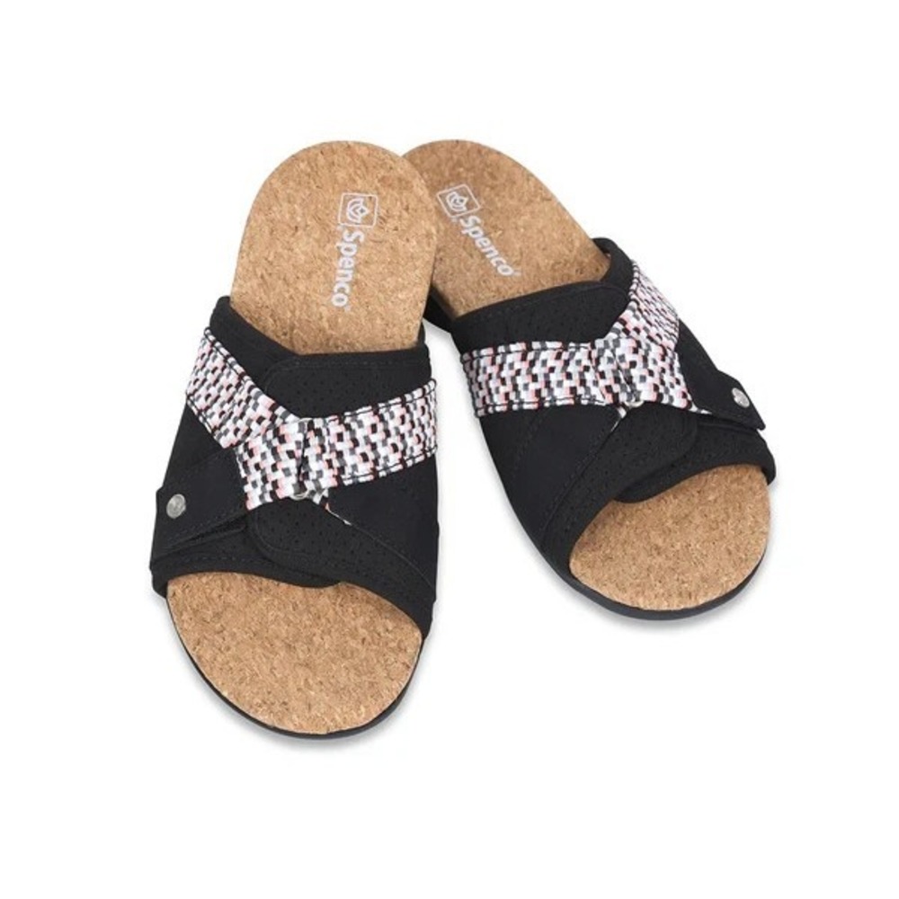 Spenco Women's Bonaire Orthotic Slide Sandals Black Print Cork Size 9 B Comfort - Picture 11 of 11